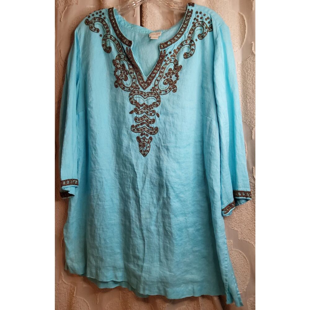 #554 Excellent Women's Chico's Turquoise Beaded  Linen Tunic Size 3 (XL)